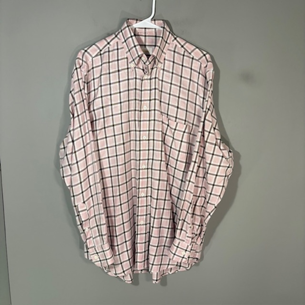 Brioni Shirt Mens Medium Pink Plaid Regular Fit 100% Cotton Dress Long Sleeve